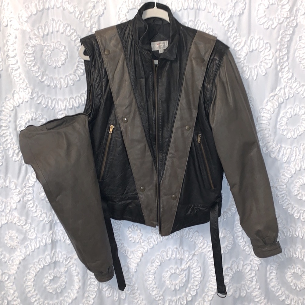 Bellavia Vintage Leather Convertible Black Gray Lined Zip Up Jacket to Vest M